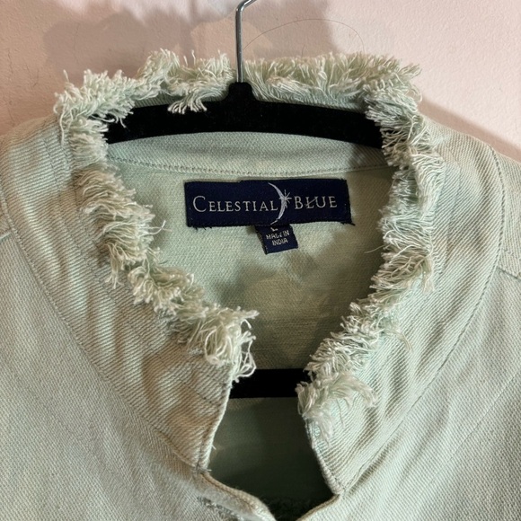 CELESTIAL BLUE Sz L Crochet Style Back Fringed 100% Cotton Mint Denim Jacket - Picture 2 of 9